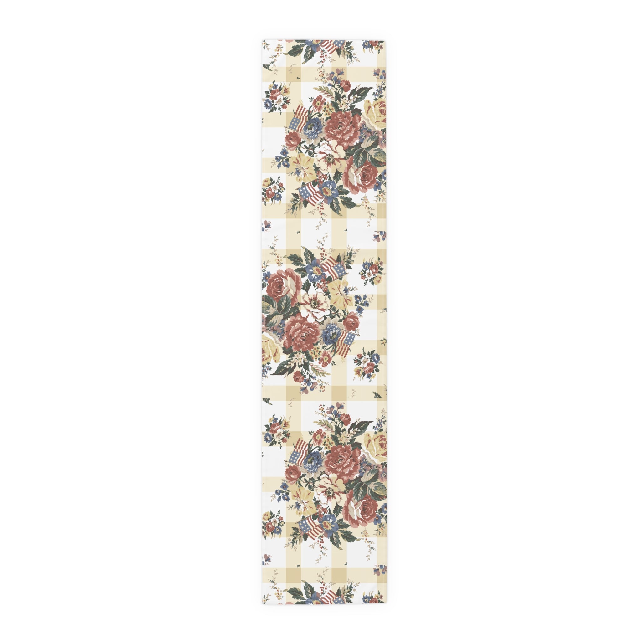 Vintage Floral and Flag Buffalo Check Table Runner — Cottagecore Cotton-Blend Decor