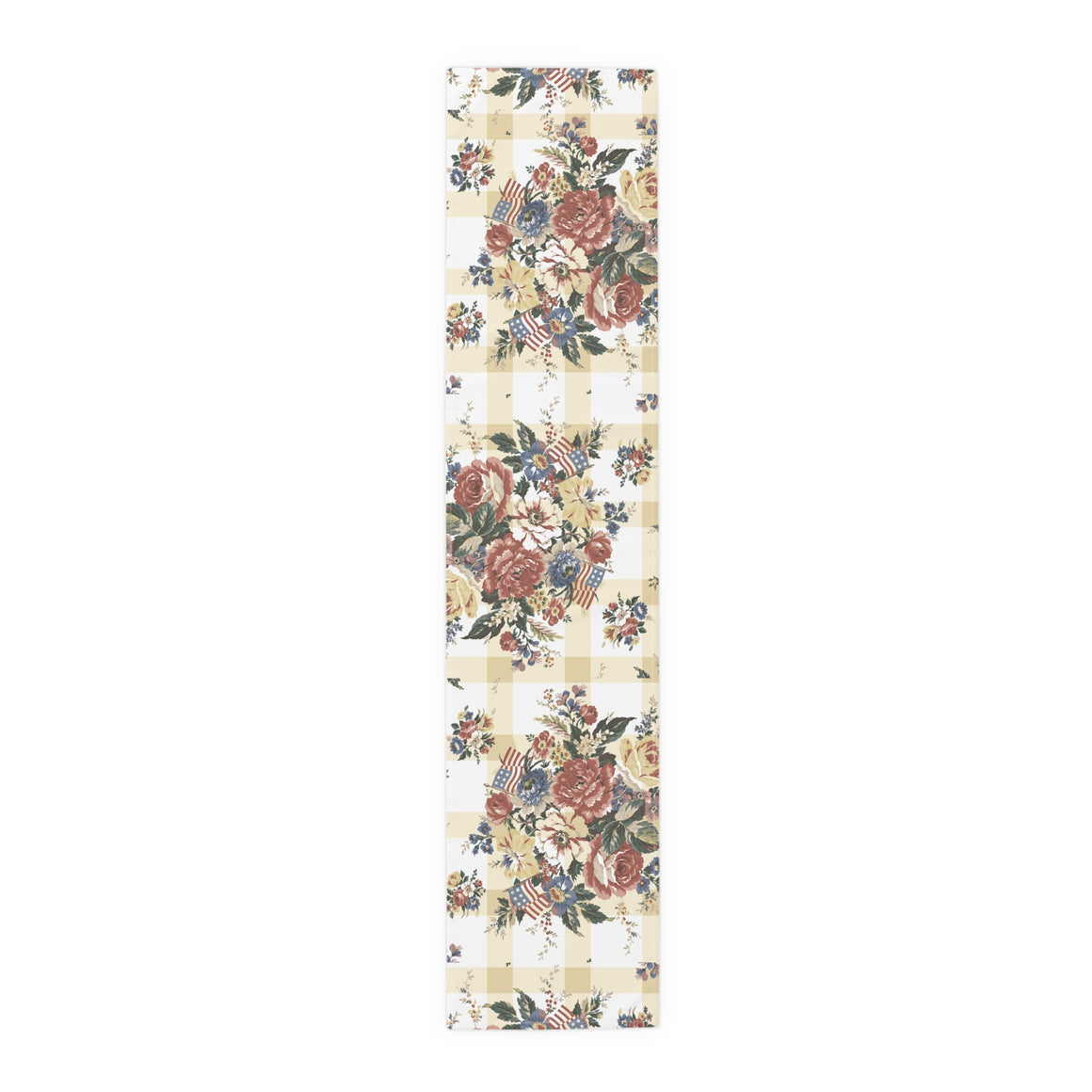 Vintage Floral and Flag Buffalo Check Table Runner — Cottagecore Cotton-Blend Decor