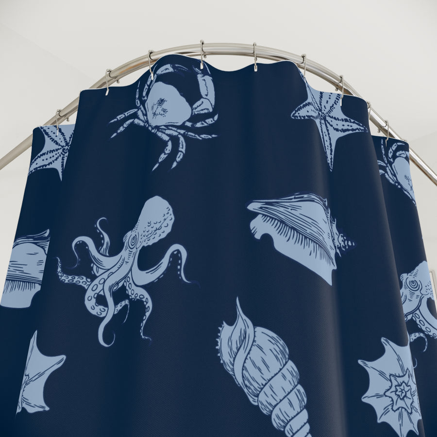 Nautical Navy Sea Creature  and Seashell Shower Curtain