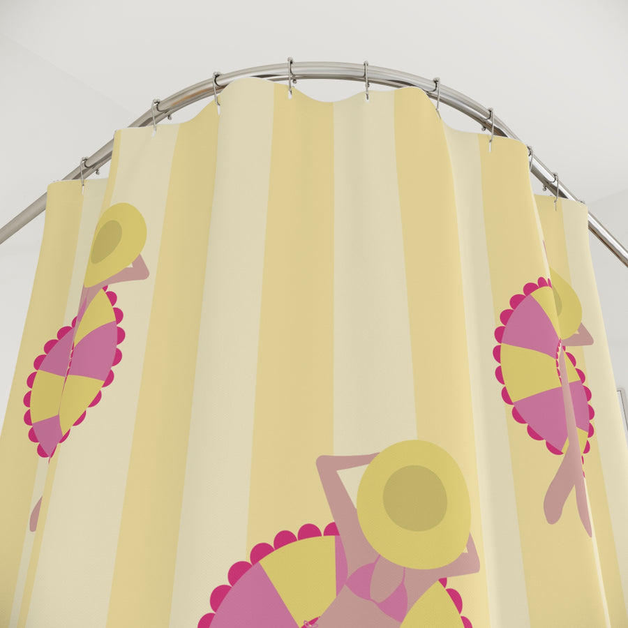 Summer Sun Hat Shower Curtain — Retro Beach Girl Pattern
