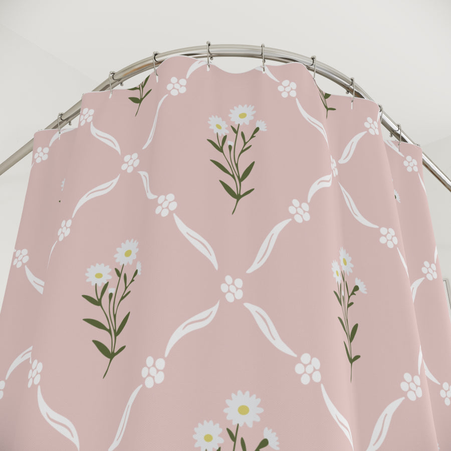 Floral Daisy Lattice Shower Curtain — Pink Vintage Cottage Bathroom Decor