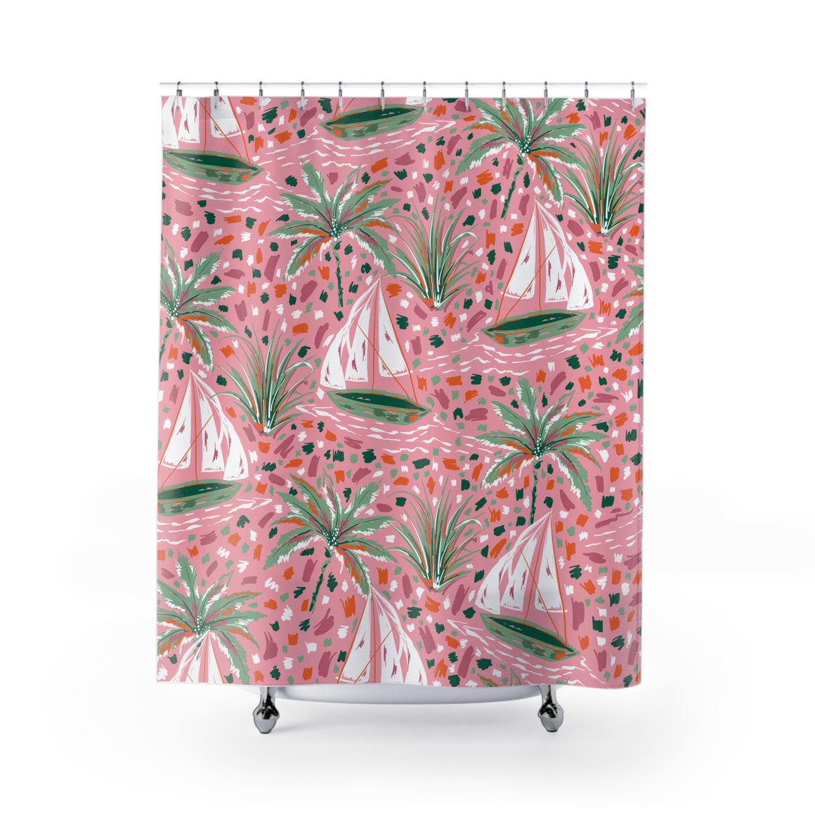 Tropical Sailboat Shower Curtain — Pink Palm Beach Nautical Bathroom Decor