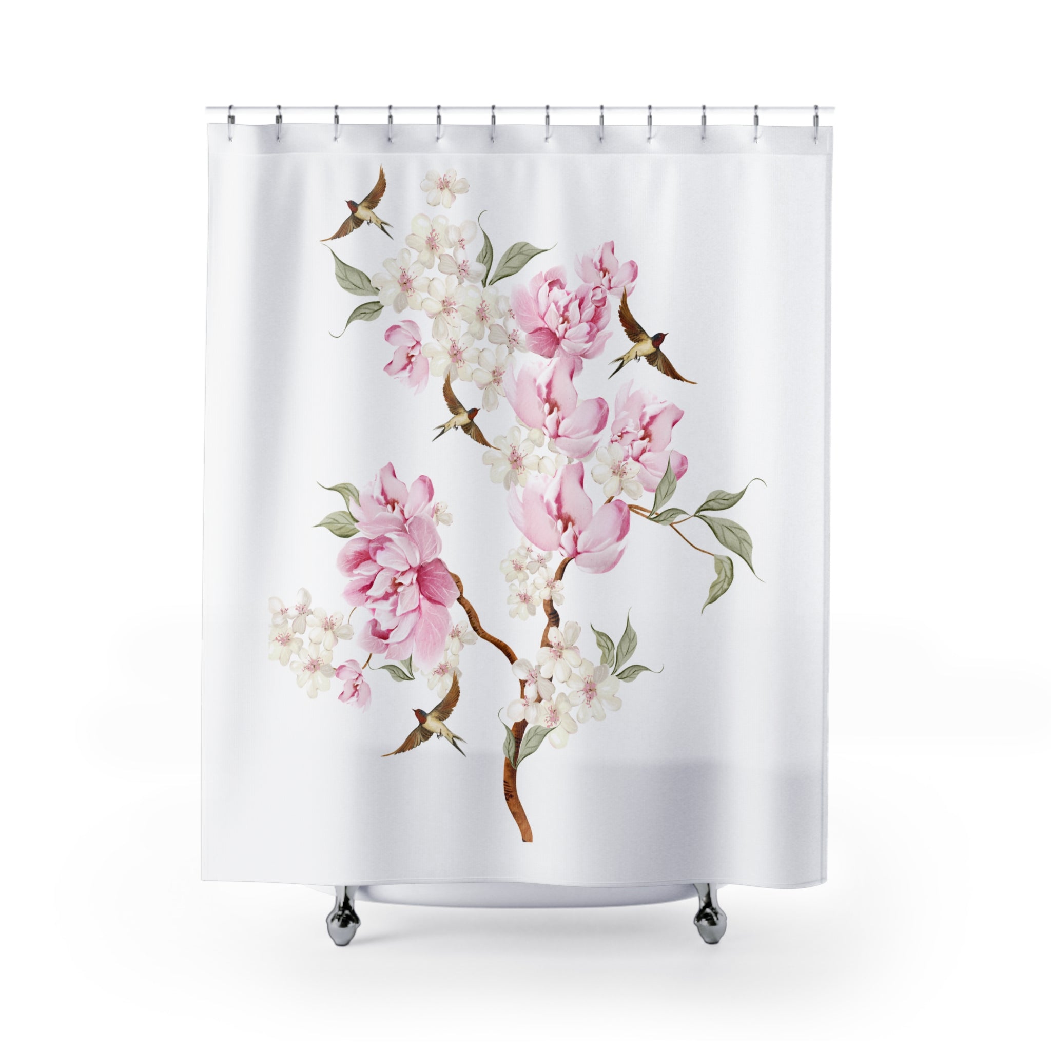 Floral Cherry Blossom Shower Curtain — Pink Peony & Hummingbird