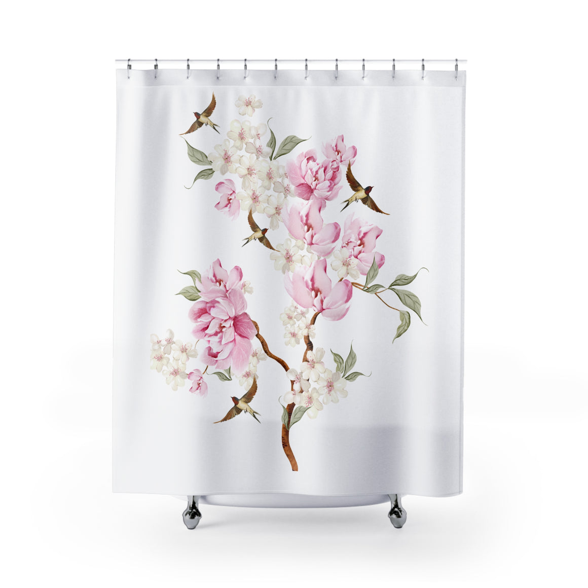 Floral Cherry Blossom Shower Curtain — Pink Peony & Hummingbird