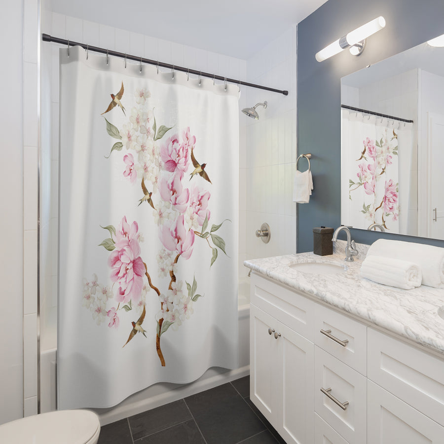 Floral Cherry Blossom Shower Curtain — Pink Peony & Hummingbird