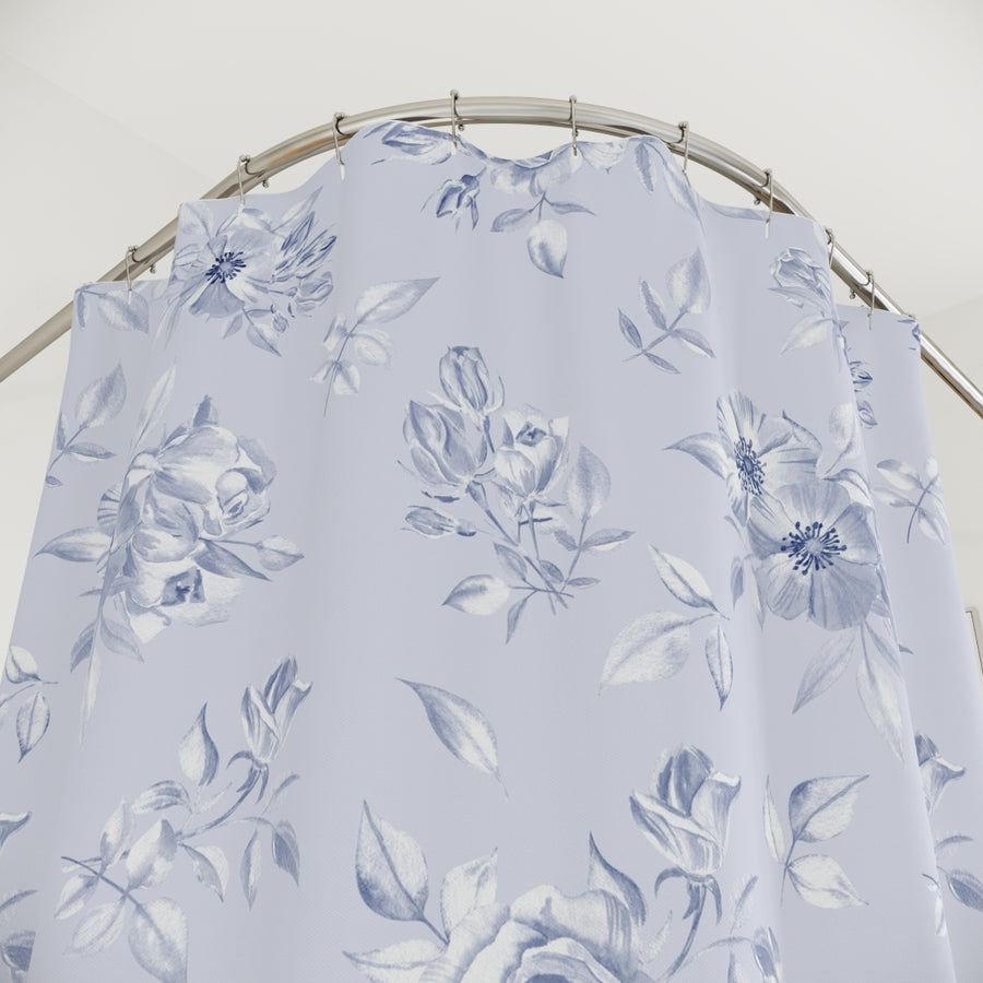 Toile Floral Blue Shower Curtain — Vintage Watercolor Rose Bathroom Curtain