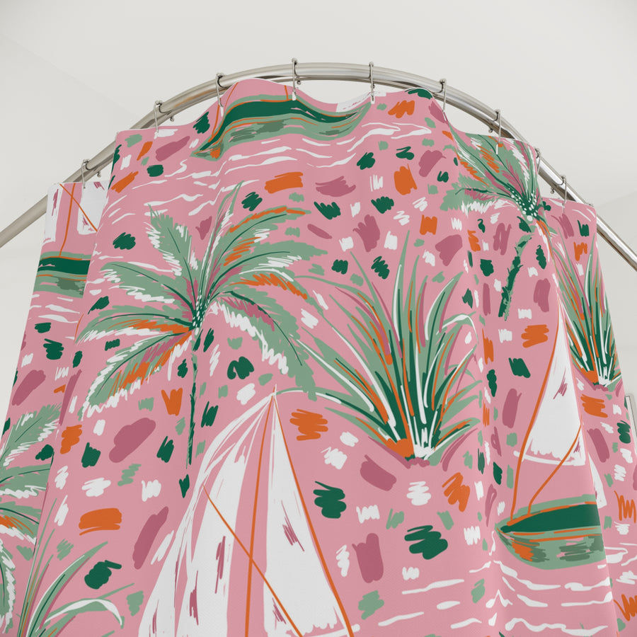 Tropical Sailboat Shower Curtain — Pink Palm Beach Nautical Bathroom Decor