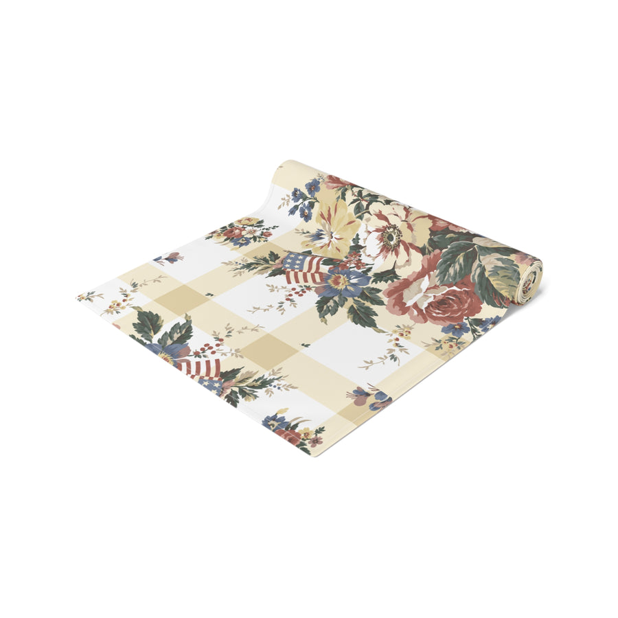Vintage Floral and Flag Buffalo Check Table Runner — Cottagecore Cotton-Blend Decor