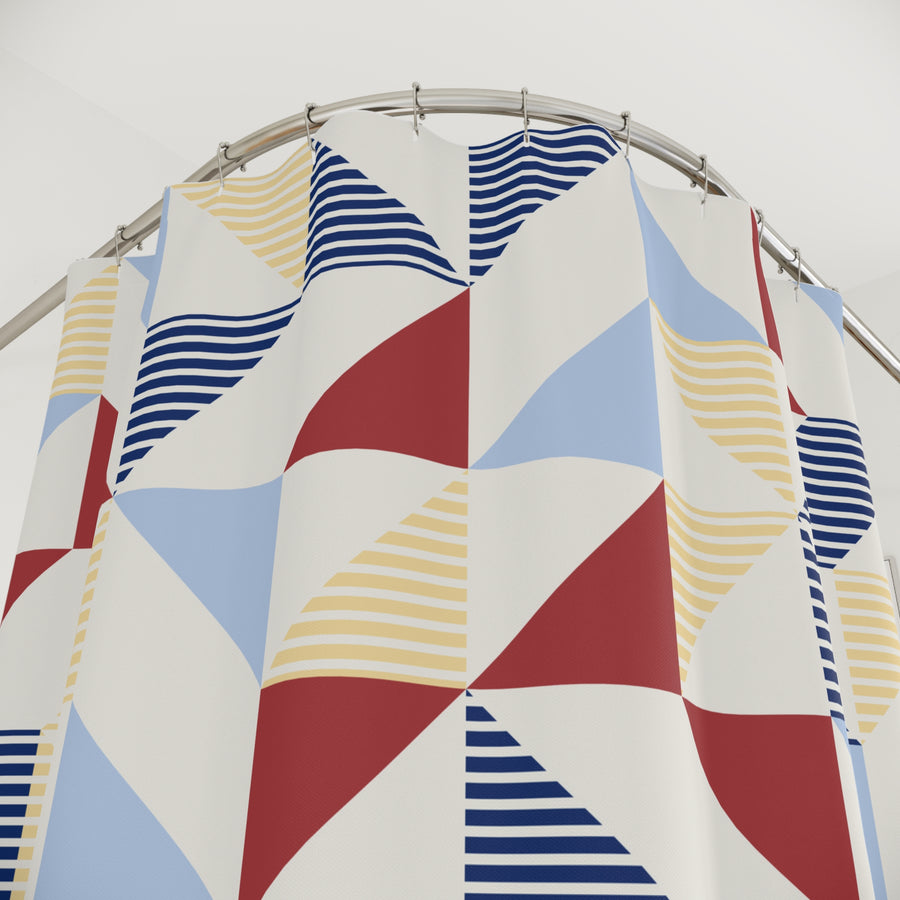 Geometric Sailboat Stripe Shower Curtain — Nautical Red, Blue & Yellow Bathroom Decor