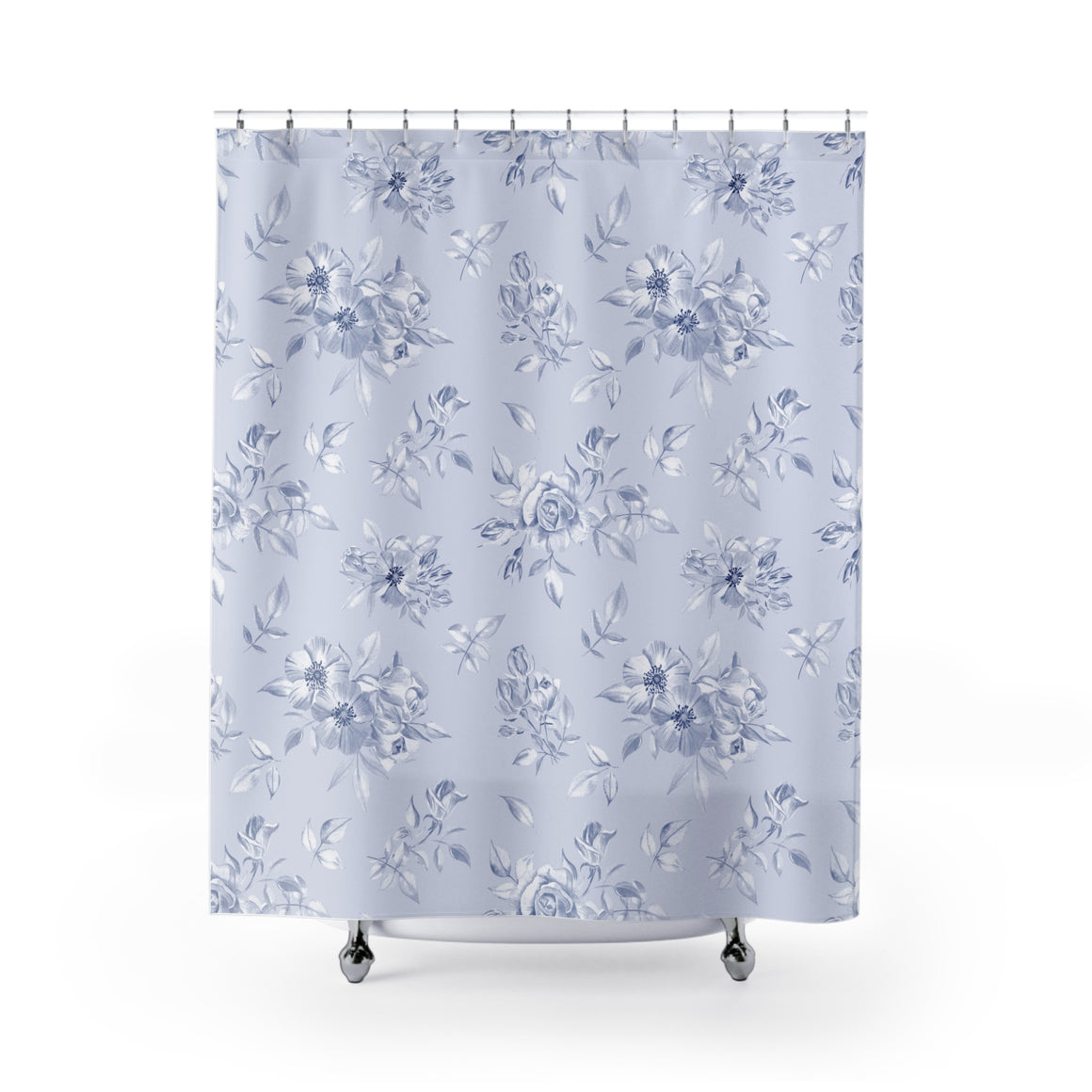Toile Floral Blue Shower Curtain — Vintage Watercolor Rose Bathroom Curtain