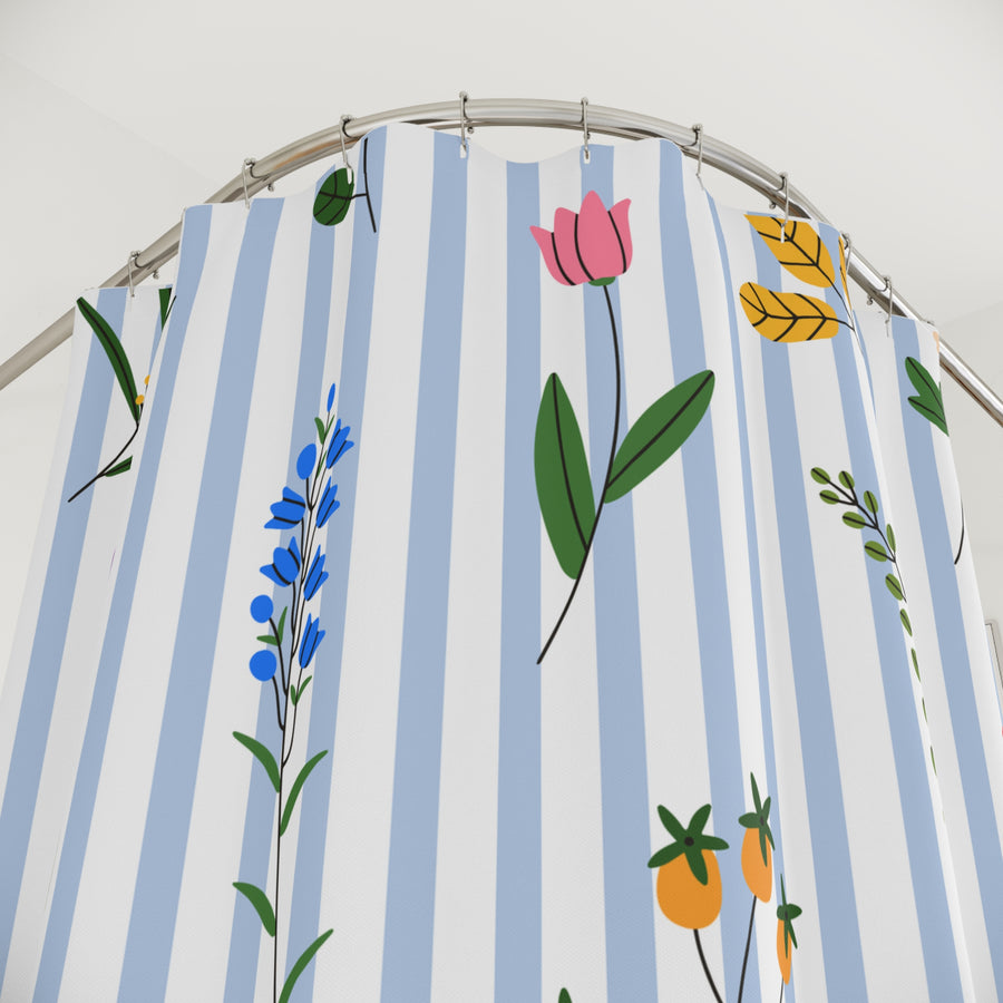 Floral Stripe Shower Curtain — Blue Striped Botanical