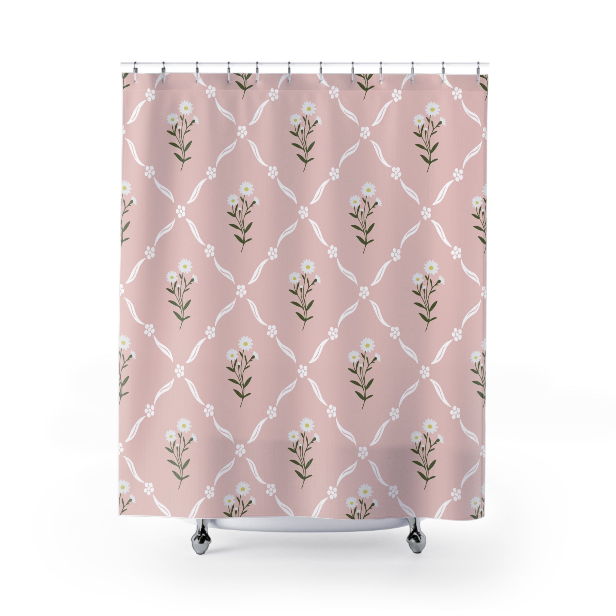 Floral Daisy Lattice Shower Curtain — Pink Vintage Cottage Bathroom Decor