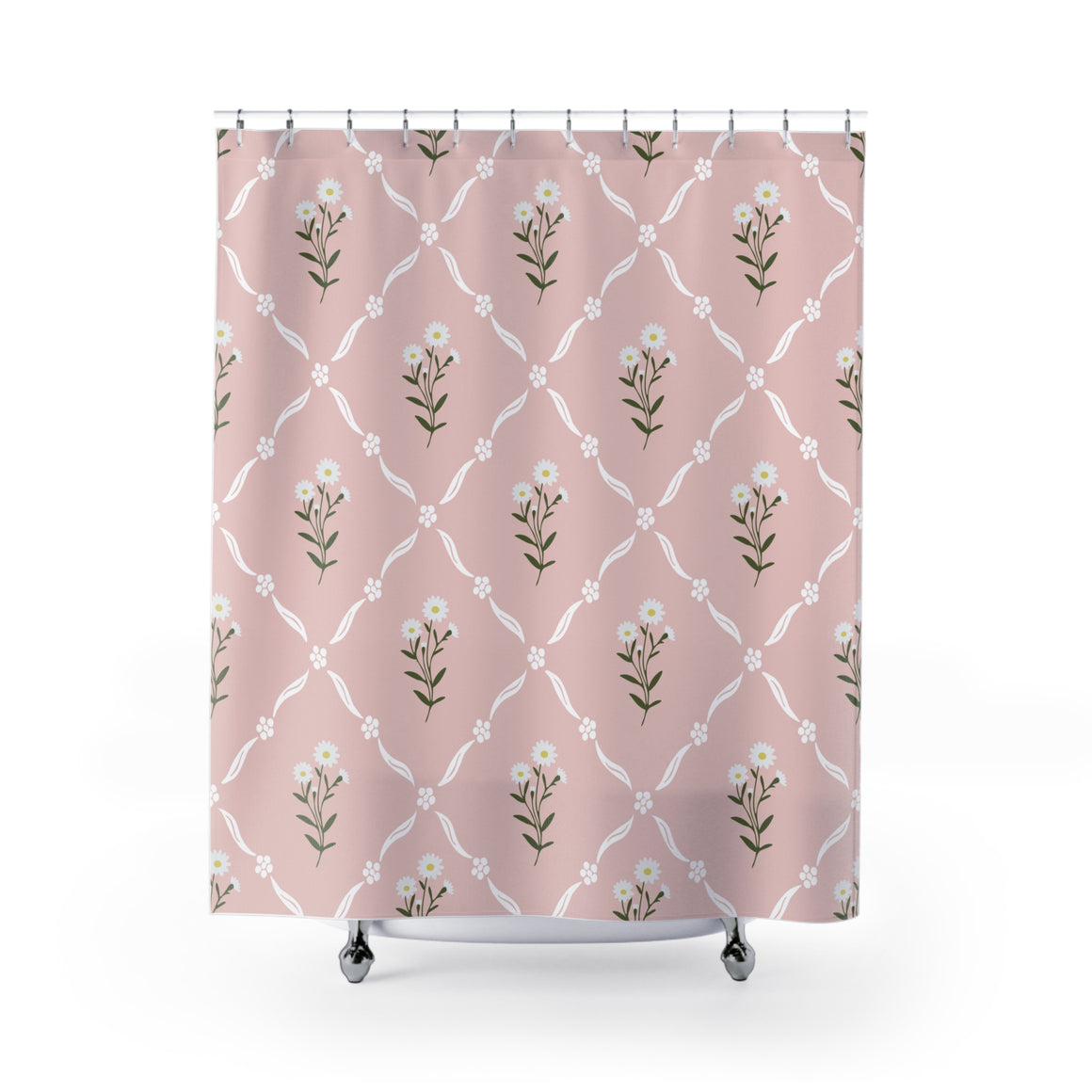 Floral Daisy Lattice Shower Curtain — Pink Vintage Cottage Bathroom Decor