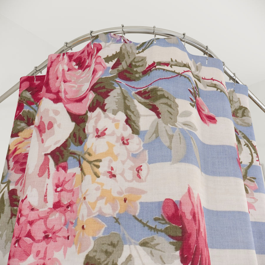 Floral Blue Stripe Shower Curtain — Vintage Rose Bathroom Decor
