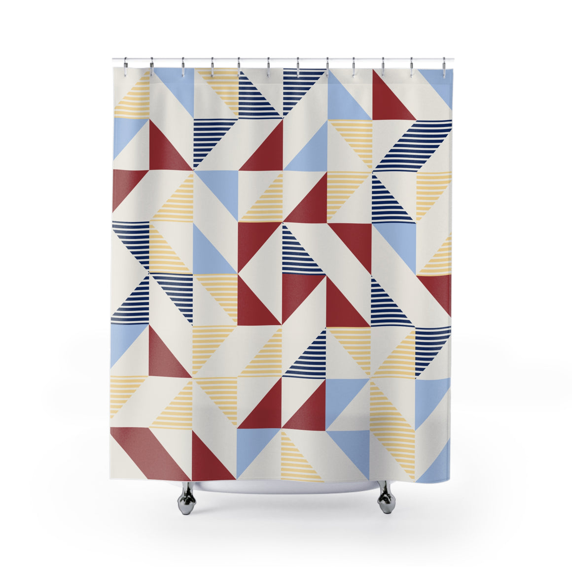 Geometric Sailboat Stripe Shower Curtain — Nautical Red, Blue & Yellow Bathroom Decor