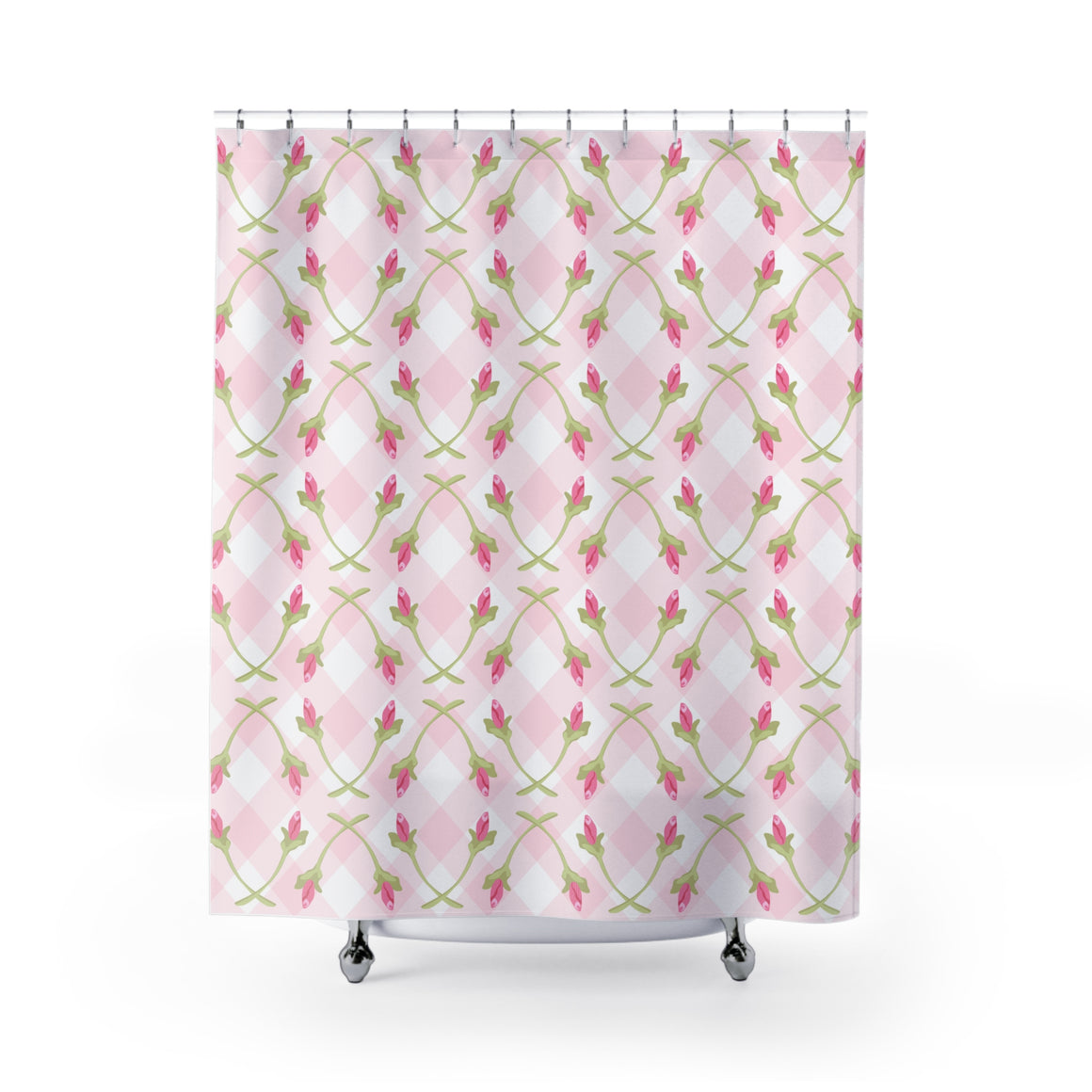 Pink Rose Bud Check Shower Curtain — Floral Vintage Plaid