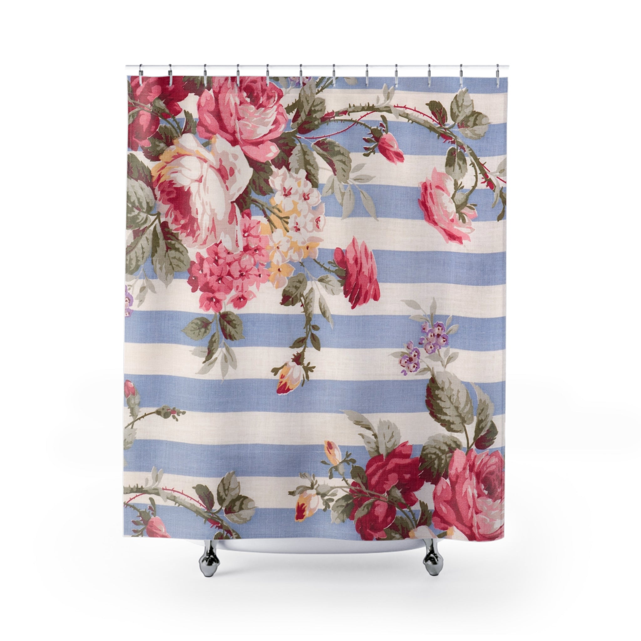 Floral Blue Stripe Shower Curtain — Vintage Rose Bathroom Decor