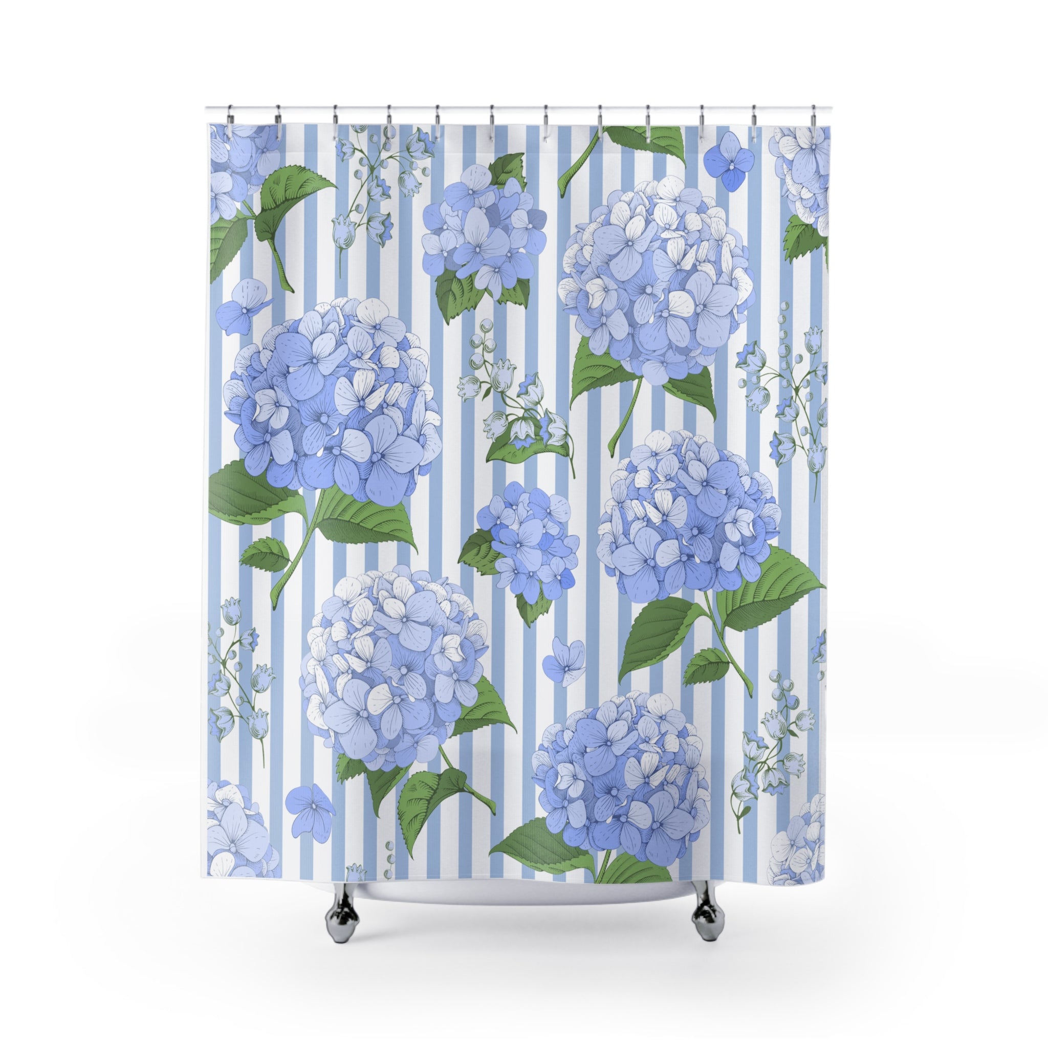 Hydrangea Stripe Shower Curtain — Blue Floral Bathroom