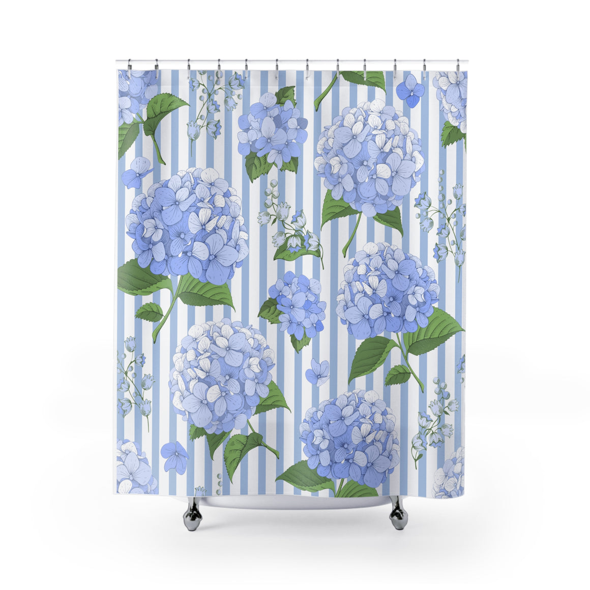 Hydrangea Stripe Shower Curtain — Blue Floral Bathroom
