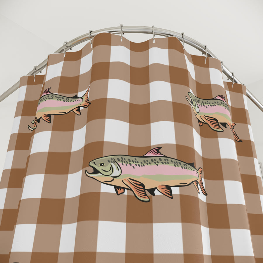 Brown Buffalo Check Trout Shower Curtain — Rustic Fishing Bathroom