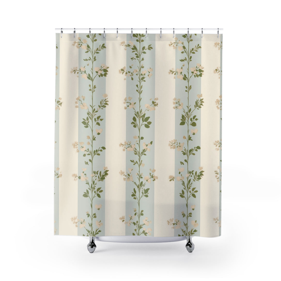 Floral Stripe Shower Curtain — Vintage Botanical Blue & Cream