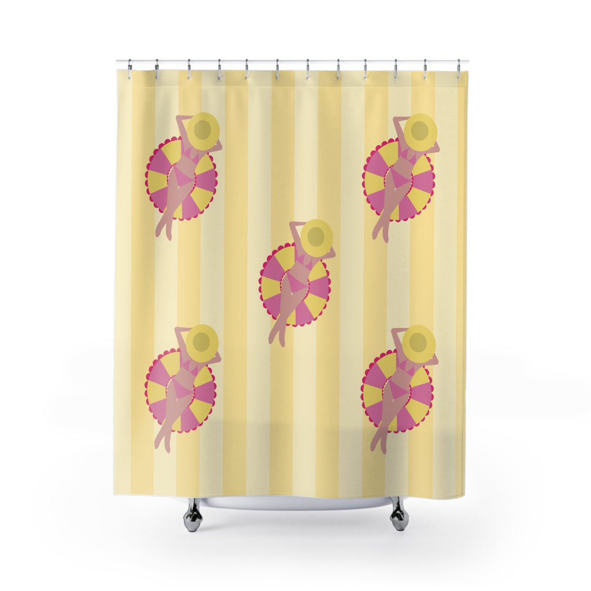 Summer Sun Hat Shower Curtain — Retro Beach Girl Pattern