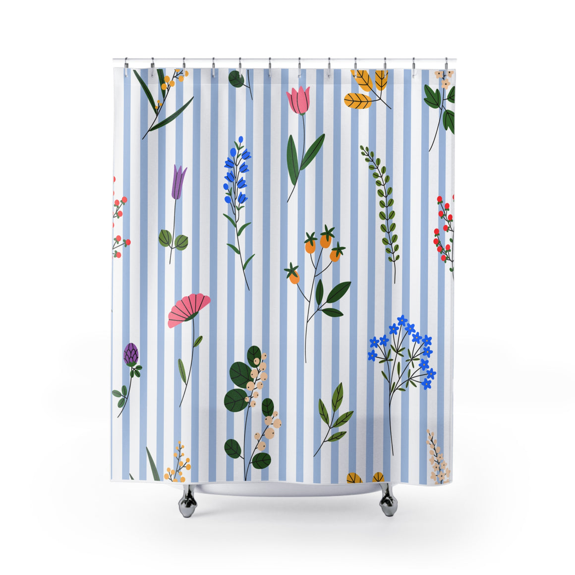 Floral Stripe Shower Curtain — Blue Striped Botanical