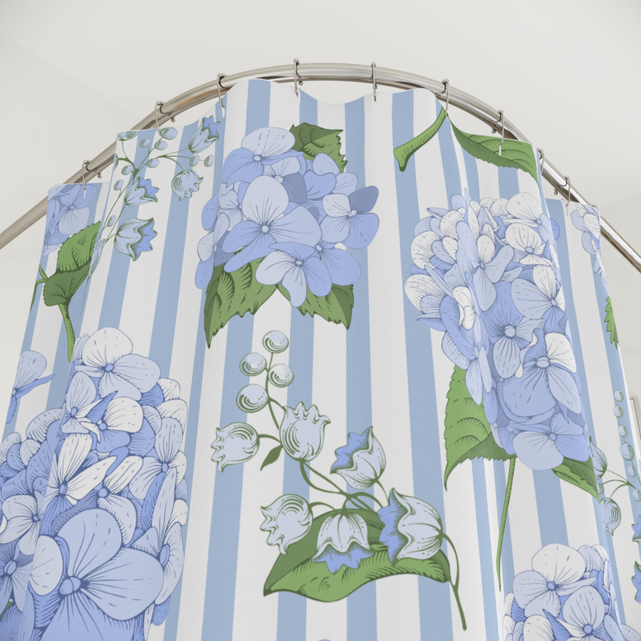Hydrangea Stripe Shower Curtain — Blue Floral Bathroom