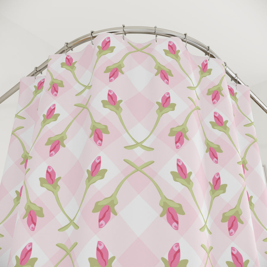 Pink Rose Bud Check Shower Curtain — Floral Vintage Plaid
