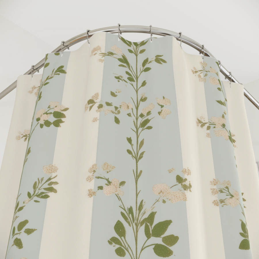 Floral Stripe Shower Curtain — Vintage Botanical Blue & Cream