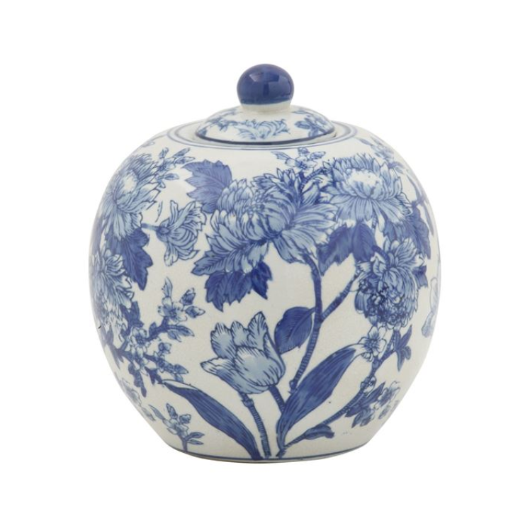 Stoneware Blue and White Floral Decorative Jar Decor - Revibe Designs